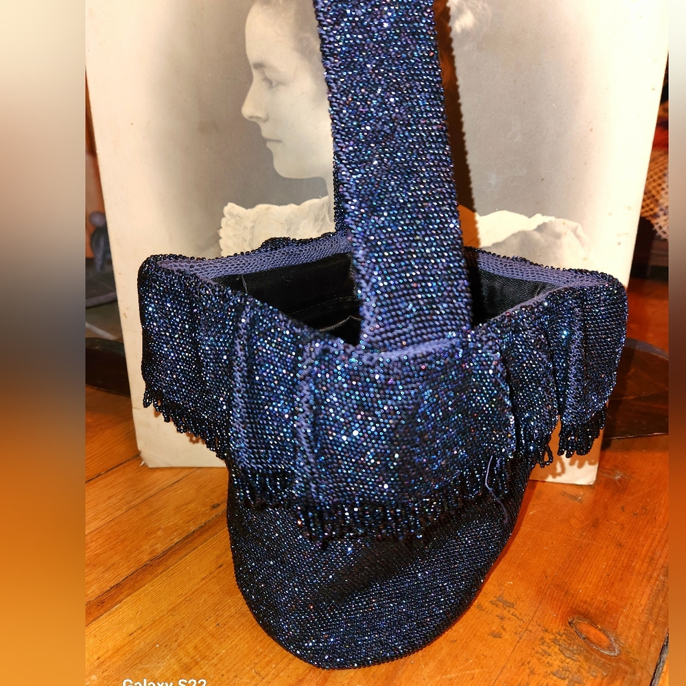 Fab 1940s Era Blue Aurora Borealis Glass Seed Bead Fringed Bucket Purse Bag
